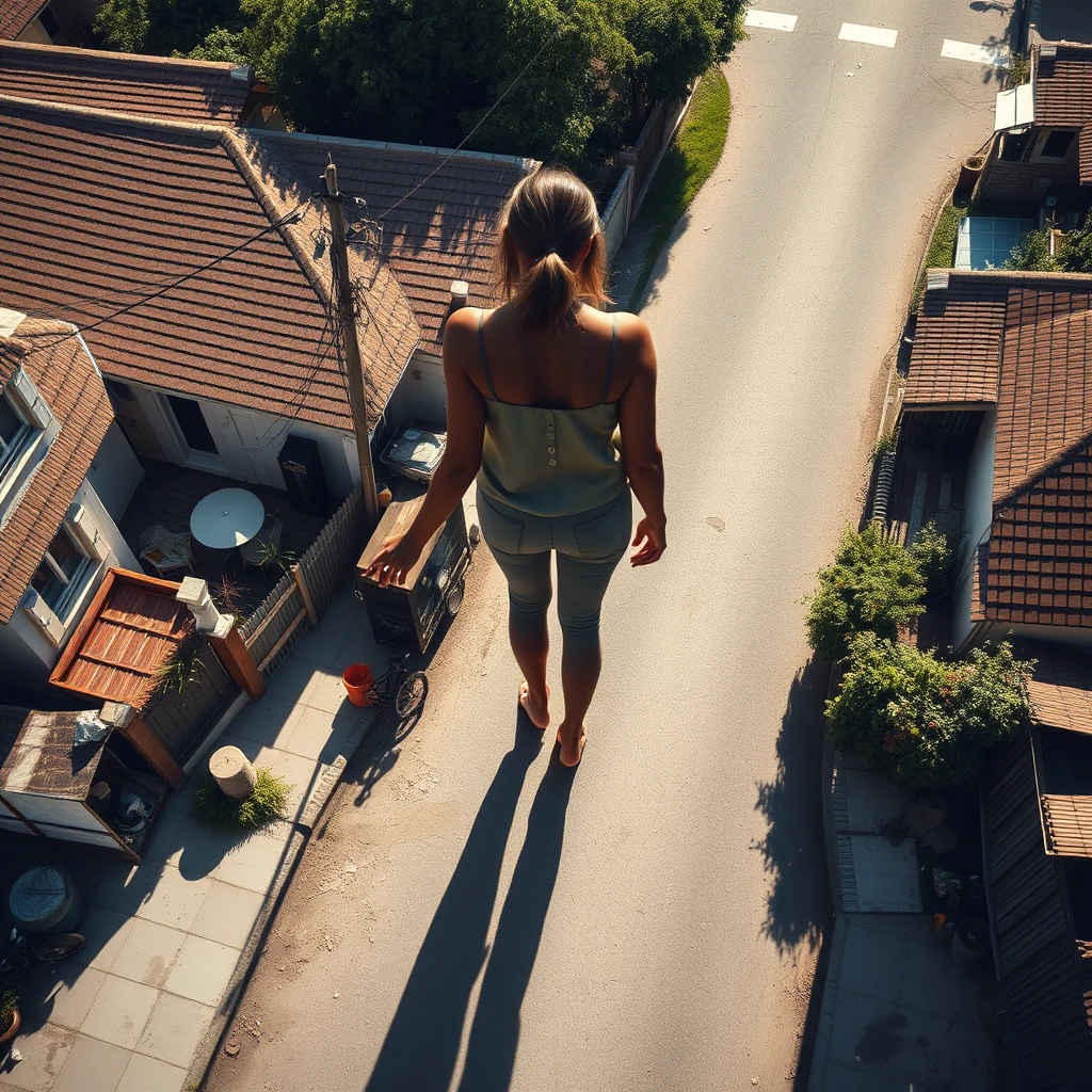 aerial view, 50 meter tall giant woman standing in neighborhood street barefoot, realistic shadow