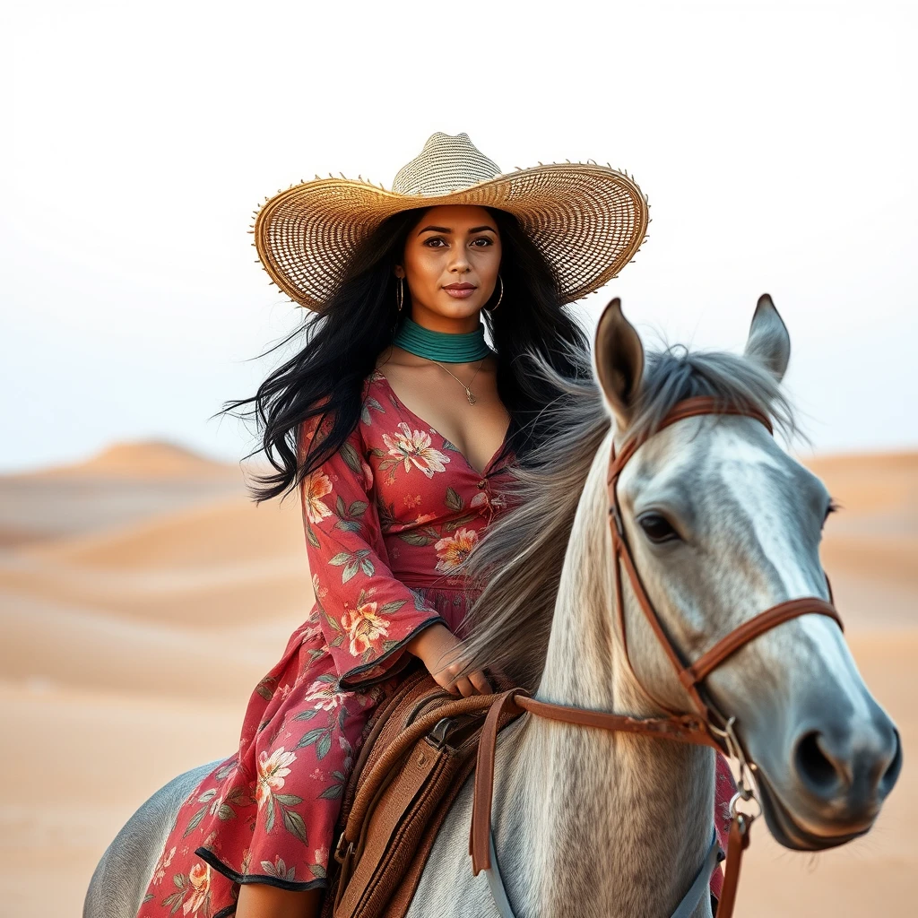 a women wearing big hat and riding a grey horse,floral clothes，in desert on dune,black hair