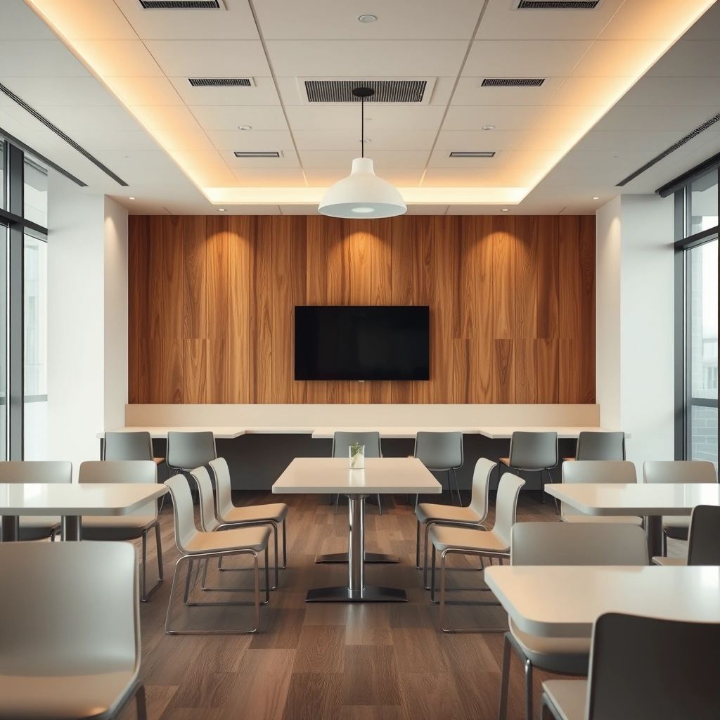 interior, office canteen, modern, wood panel, movie scene - Image