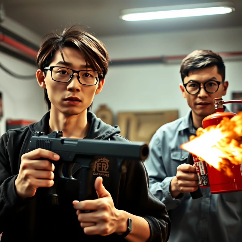 A 21-year-old white, thin, long-faced young northern Chinese man with a square chin, wearing square glasses, holding a pistol, with medium to long-length hair; a 21-year-old white Italian/Caucasian man wearing round glasses and short hair, holding a very large fire extinguisher flamethrower; in a garage setting; both appearing angry. - Image