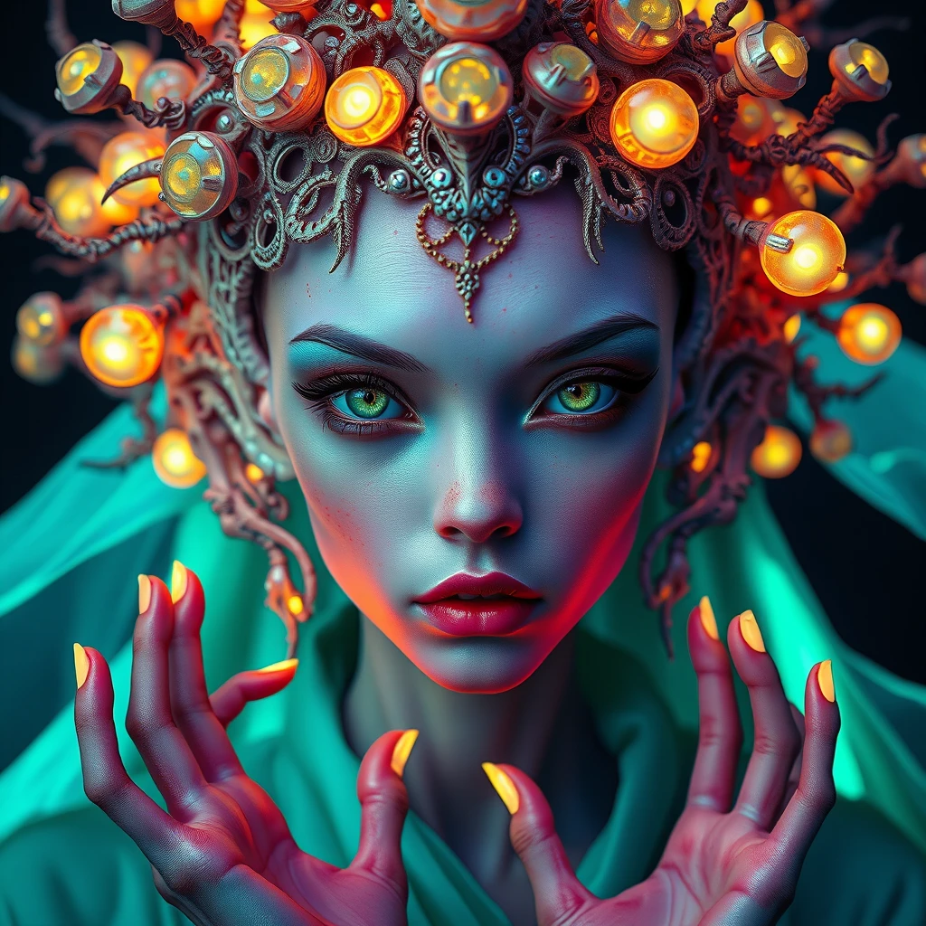 (vibrant neon colors) Ethereal beautiful alien-Japanese female human hybrid, bioluminescent skin. Ornate organic crown with iridescent translucent nodules. Piercing green eyes, elongated features. Intricate bone-like structures, glowing backlit features. Delicate hands framing face. Pale mint complexion, freckles. Flowing seafoam garment. Hyper-detailed textures, otherworldly beauty. Surreal and dreamlike atmosphere, cinematic lighting.