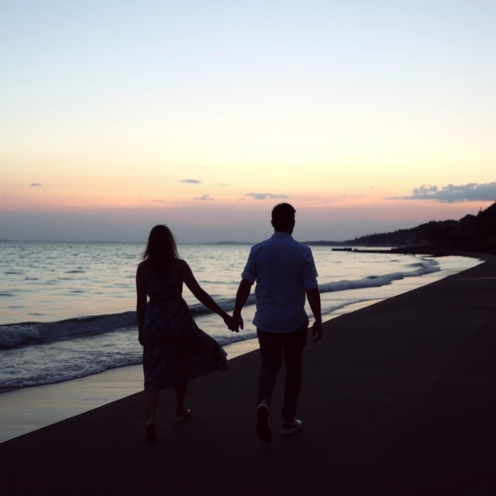 At dusk, a couple walks hand in hand by the seaside.