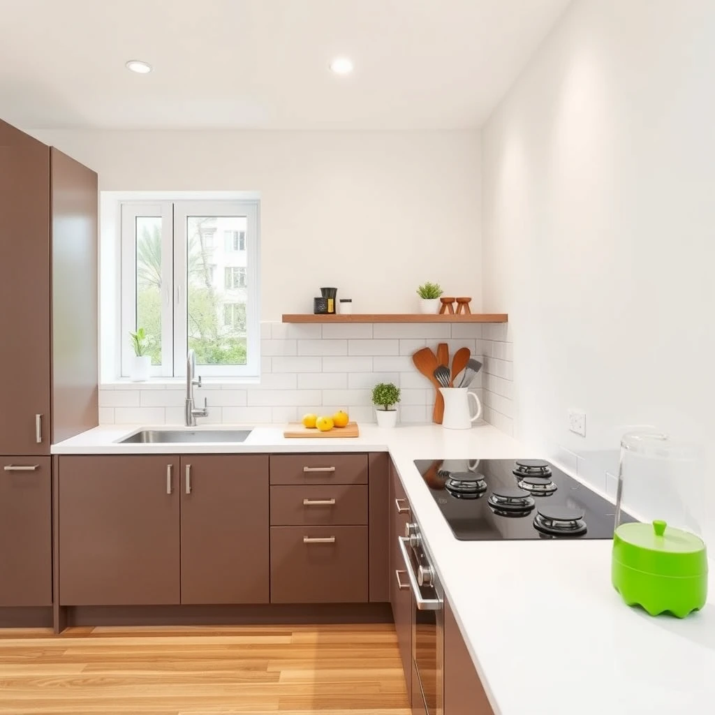 Minimalist and cheerful L-shaped kitchen platform with sink in one corner, window on one wall and cooktop next to another wall, with space saving storage ideas on fresh style and colour palette, spacious enough for 3 person working together. - Image