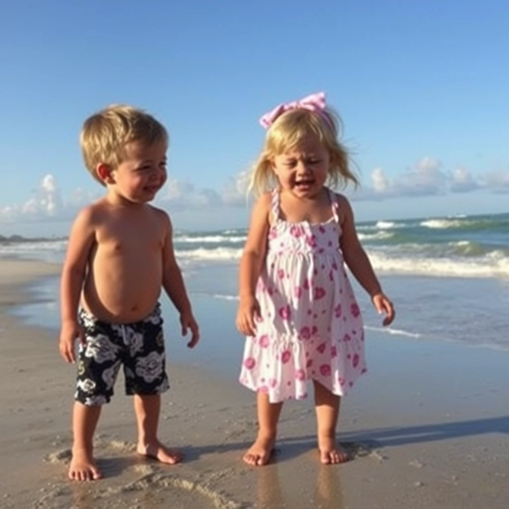 beach boy and girl crying - Image