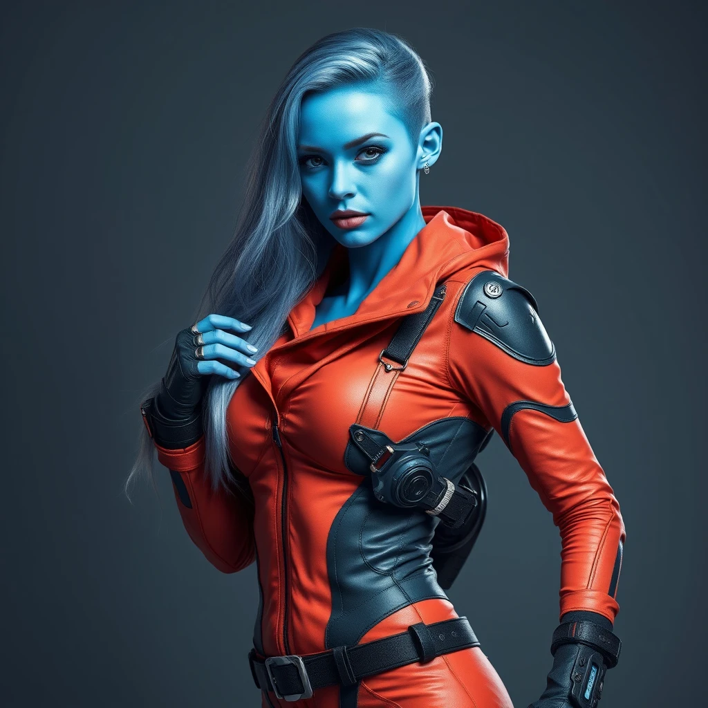 full body, a blue-skinned beautiful woman wearing sci-fi clothing looking seductively at the camera, full body - Image