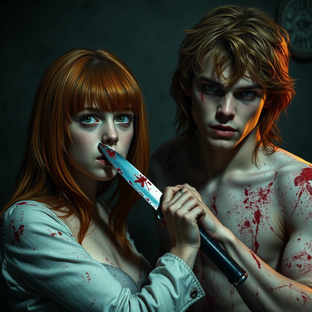 A horror scene; a short skinny teenage girl with long ginger hair and bangs, green eyes, and big breasts is stabbing a tall young white pale brunette man with black eyes with a knife. Both of them are covered in blood.