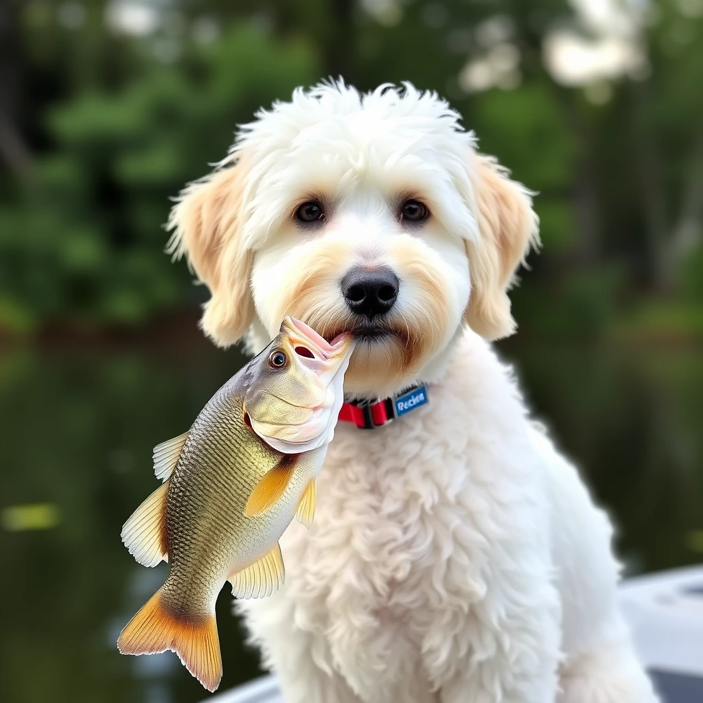 Goldendoodle dog Rockie, 35 lb, 10 years old, male, white color. Red collar, a small blue ‘Rockie’ name tag. Rockie catches bass fish. - Image