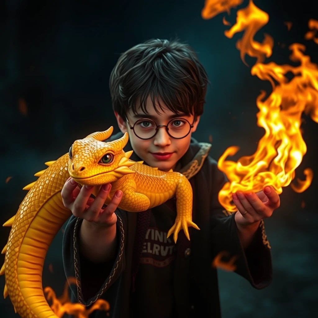 Photo realistic: Harry Potter with fire salamander