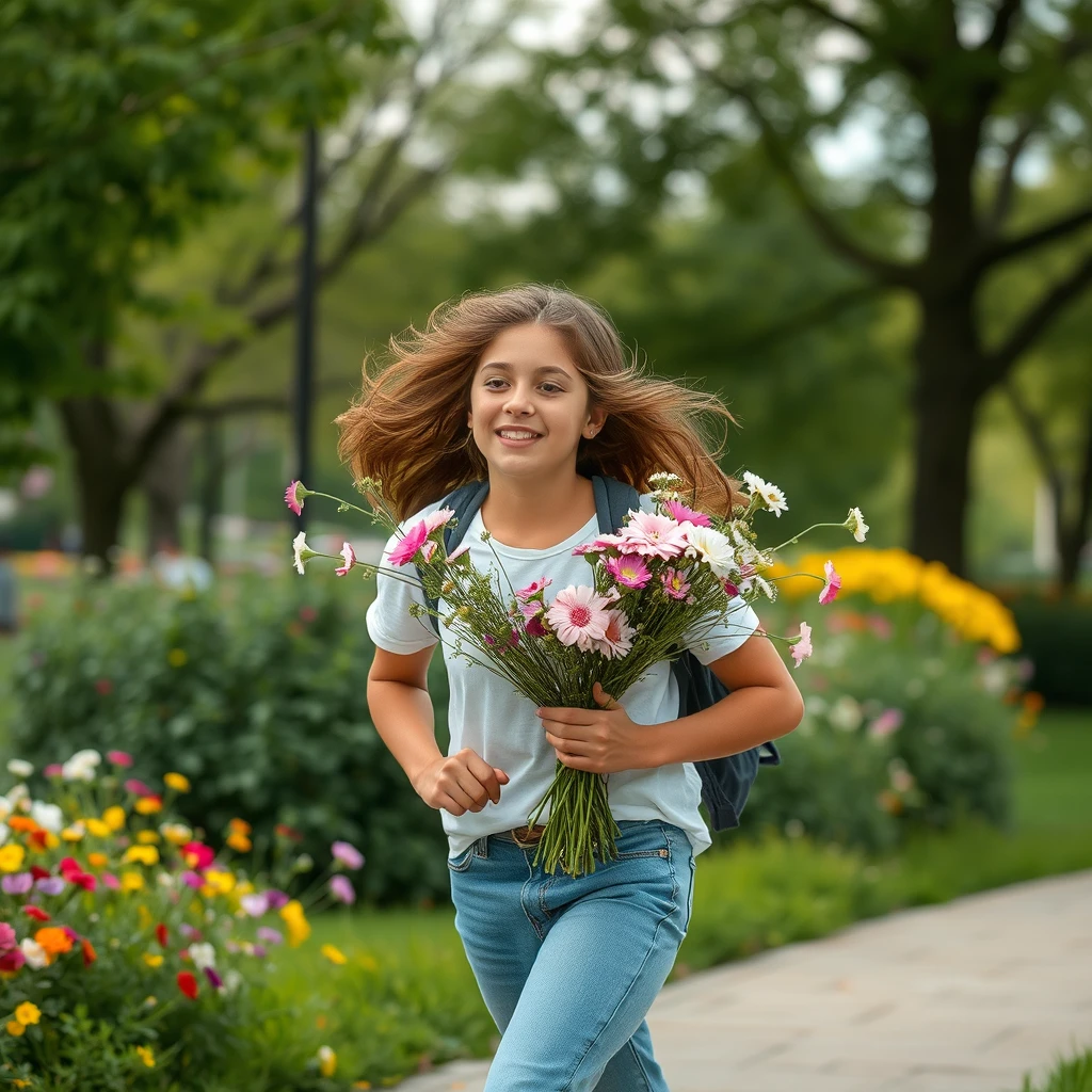 A teenager running with a bunch of flowers