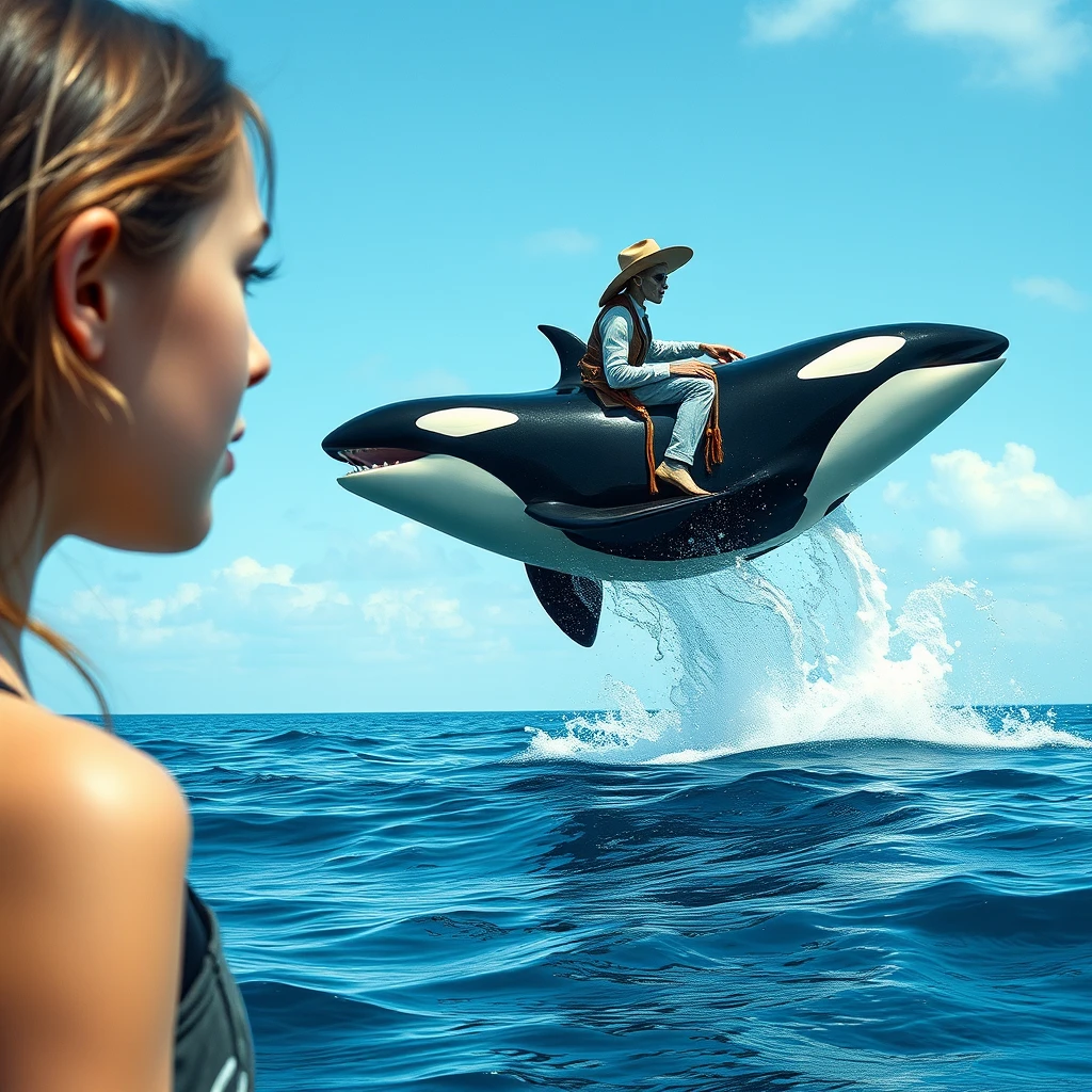 A 18 year old model looks at the ocean where an orca ridden by an alien in a cowboy hat is jumping out of the water. Super detailed photo realistic shot in a Canon.