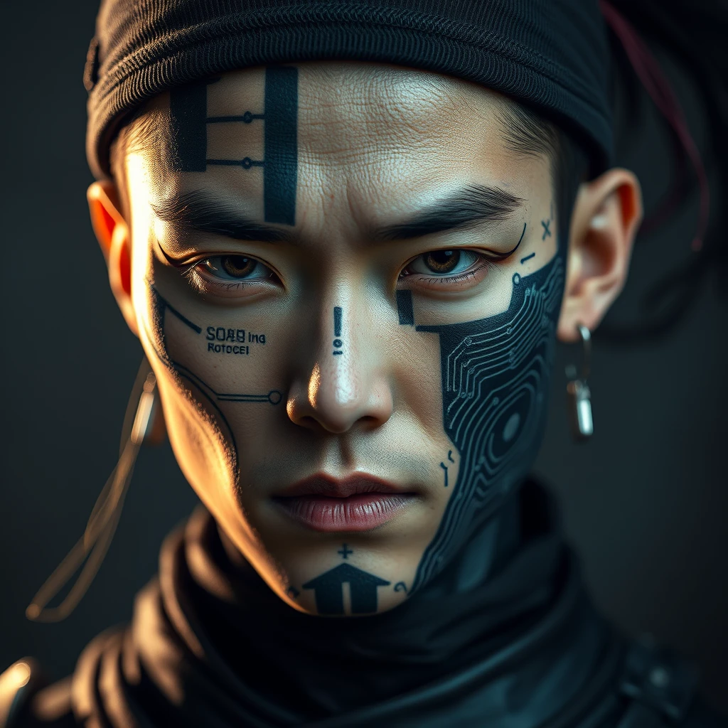 Super face Closeup Portrait, (cyberpunk face augmentation:1.45), (black color circuit board tattoos:1.5 on face), epic skin details, Sci-fi Darkness By He Xiaofeng, a quiet Fighter, feudal Ninja, robotic shinobi suit.