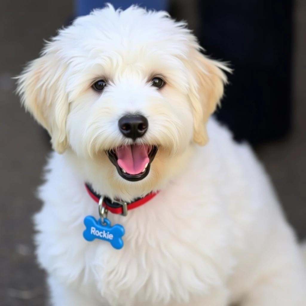 A white goldendoodle, male, 35 lbs, 10 years old, with a small blue bone-shaped name tag 'Rockie' on a red collar, without a leash, smiling.