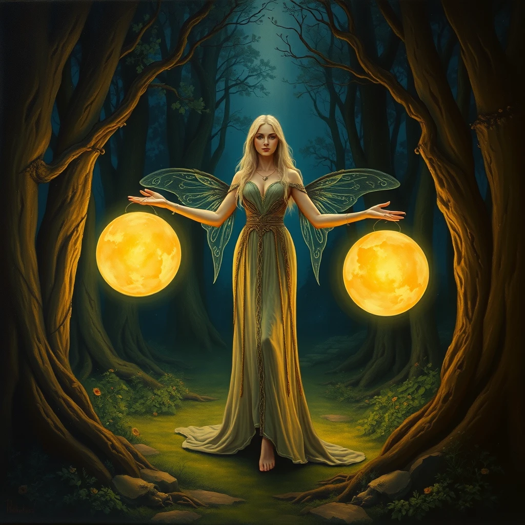 Elven Priestess standing between two glowing orbs in a magical grove at night, highly detailed, elegant, fantasy, oil on canvas, very attractive, beautiful, Pre-Raphaelite. - Image