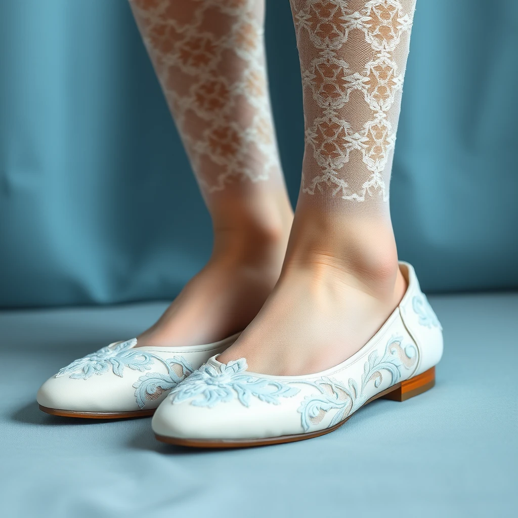 White flat pumps embroidered with a detailed light blue pattern made from see-through fabric, white laced thigh-highs, ancient Chinese. - Image