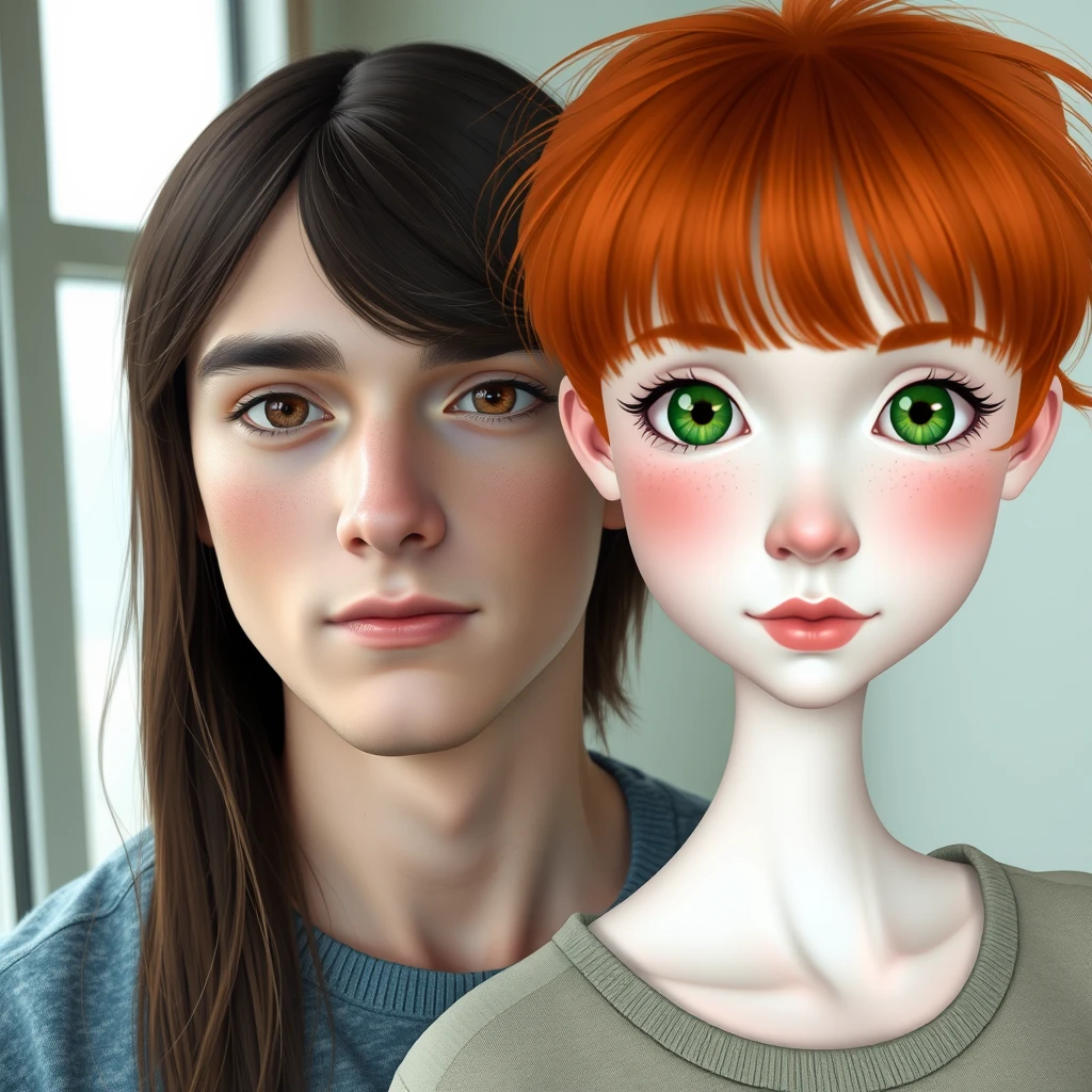 A young man with long dark brown hair parted in the middle, sharp facial features, pale skin, light brown eyes, thick eyebrows, and long eyelashes stands next to a cute white girl with ginger hair. She has a small turned-up nose, pink lips, green eyes, and long bangs.