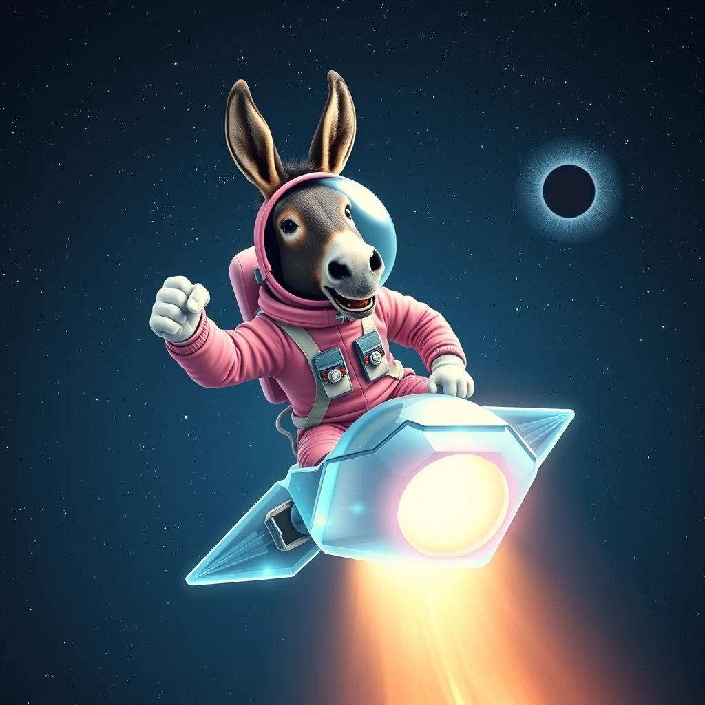 An ambitious donkey wearing pink astronaut costume, riding on a crystal light cyan stunning spaceship, making a punching gesture, flying to the outerspace under a clear night sky with lots of shining stars, passing by a huge black-hole. Realistic style.