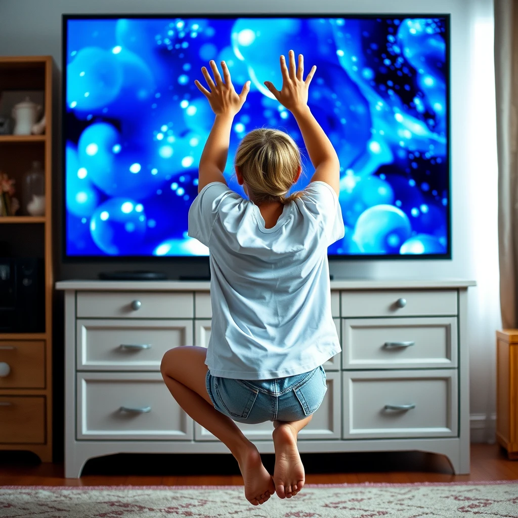 A side angle of a young, skinny blonde woman is in her bedroom, wearing a large white t-shirt and light blue denim shorts, without shoes or socks. She crouches in front of her large-screen bedroom TV, facing the magical screen as she dives in, jumping head and arms first. Both arms are stretched out towards the TV, and their motion is so quick that they appear blurry. The lower part of her t-shirt lifts up and outward, almost revealing her chest due to the high position of her arms. - Image