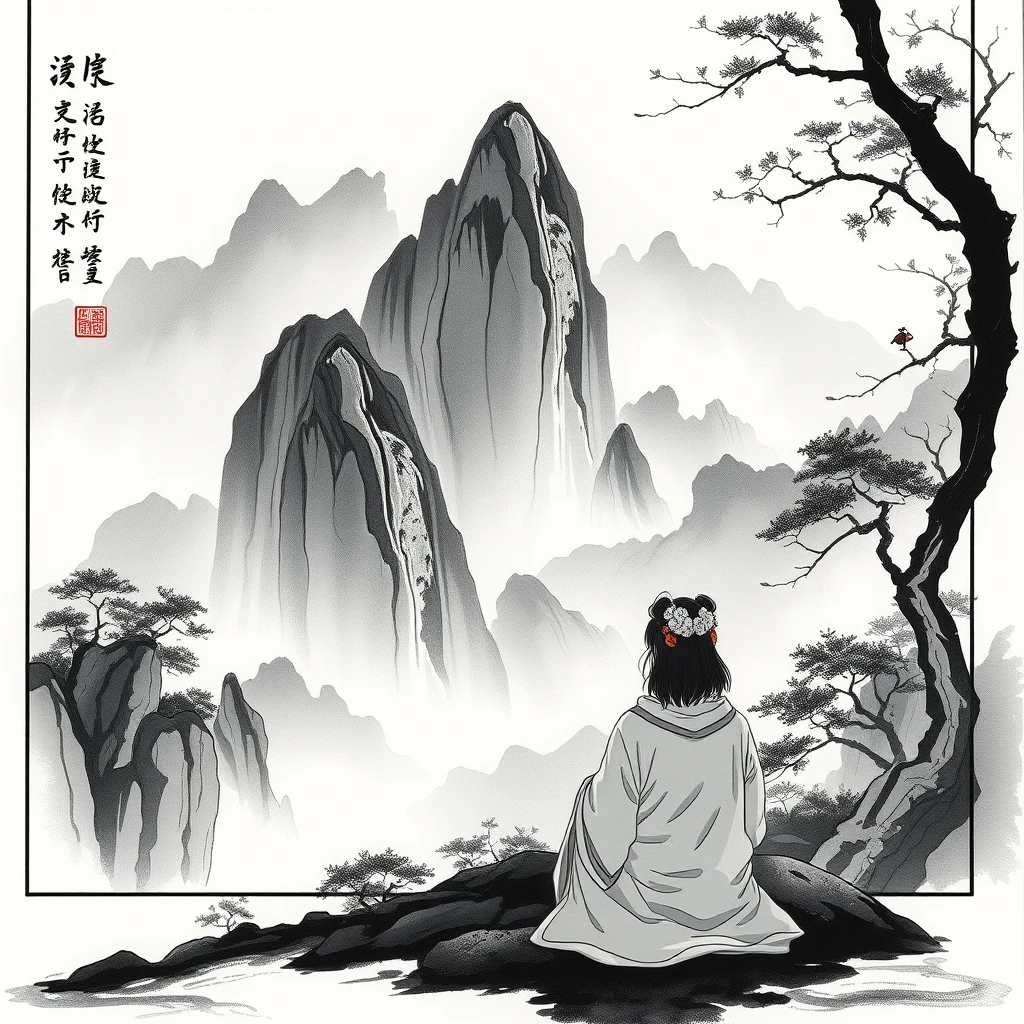 Sitting in front of the Chinese landscape ink painting, anime.