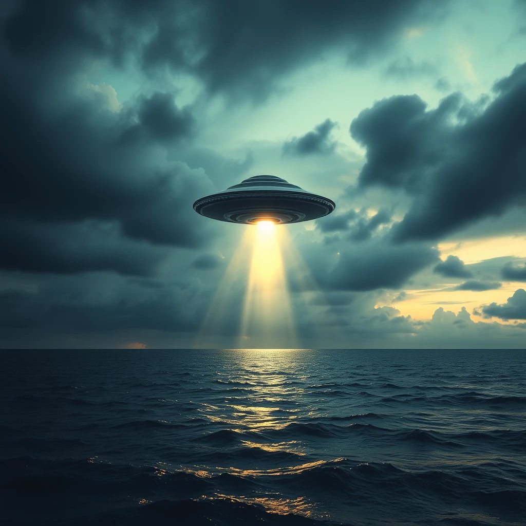 sea side, dark clouds, ufo, alien invaders in front scene, xxxl size - Image