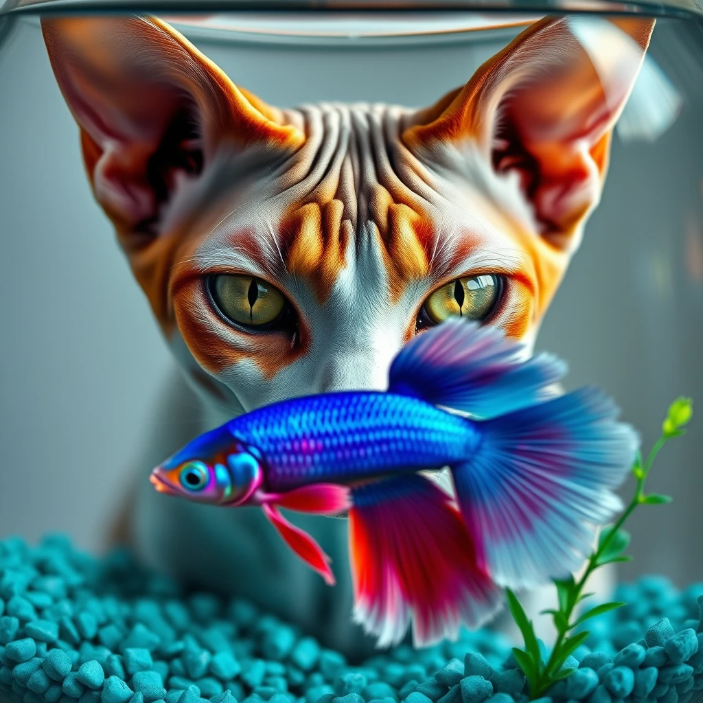 A hyperrealistic smooth oil painting of a close-up interaction between an ultra realistic cute caricature hairless tri-colored (orange white grey) wrinkly green-eyed calico colored sphynx cat & a bright slightly-iridescent blue-purple-ombre betta fish. The view shows the cat’s face through the fishbowl, centered, with the cat filling most of the background, eyes focused intently on the fish. The fish is in the foreground, inside a rounded fishbowl with teal aquarium gravel & green water plants. The lighting is gentle & natural, enhancing the serene moment between the two animals. Focus on the cat’s wrinkles, eyes, & the fish’s colorful detailed scales, with glossy metallic gel pen effects for highlights & fine ink for intricate details. Render the image with high resolution & sampling rate, with noise reduction, sharpening, & color grading for a smooth oil painting finish. - Image