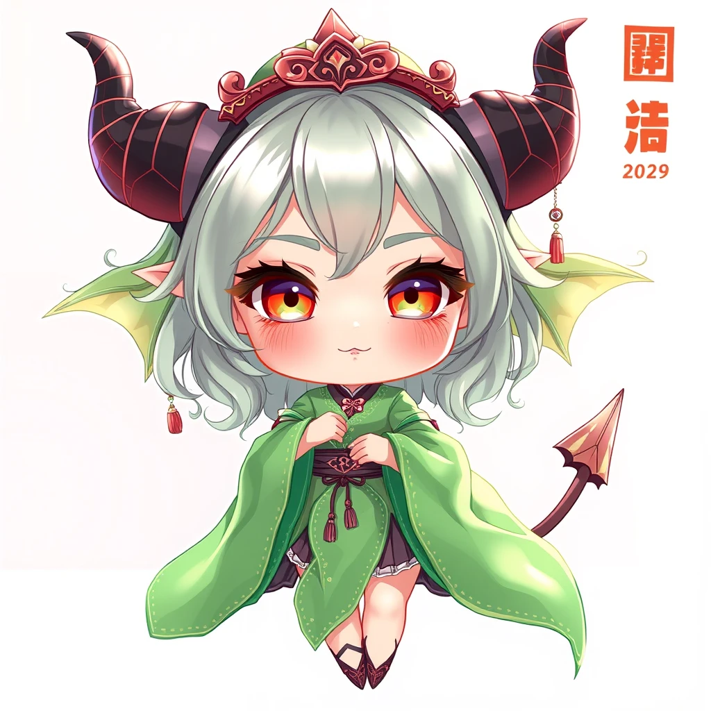 "A glamorous oriental female demon, dressed in green gauze, two-dimensional, chibi style, full body image."