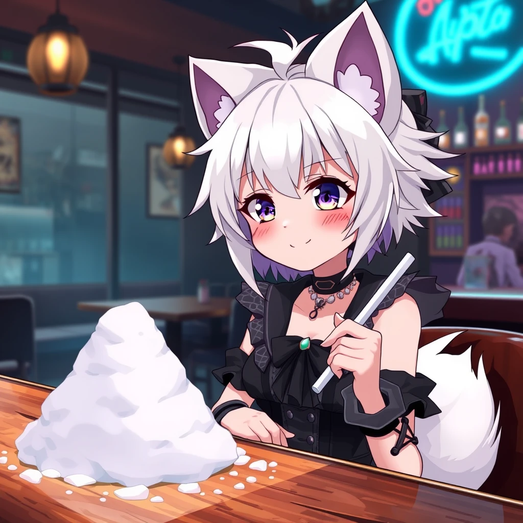 A cute anime girl with fluffy fennec ears and a fluffy tail, white messy short hair, and purple eyes, is wearing a goth outfit while sitting at a table in a bar. On the table is a small mountain of snow, and the girl looks at the snow with a big crazy smile, holding a straw without a kink in her right hand.