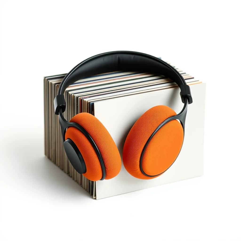 Product photography of small over-ear headphones with orange pads holding together a bunch of vinyl records, isolated on plain white background, Hasselblad, Kodak, portra 800, photo taken from a slight angle.