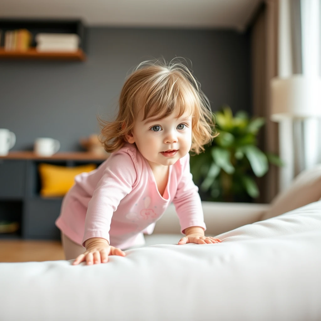 A one-year-old girl is climbing on the sofa