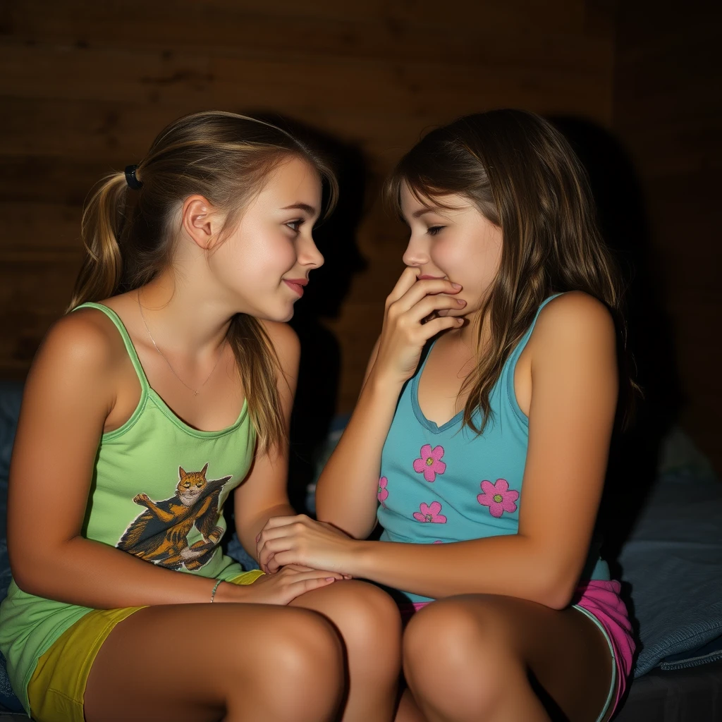 Two summer campers in the girls' cabin at night stimulate each other's most sensitive areas.