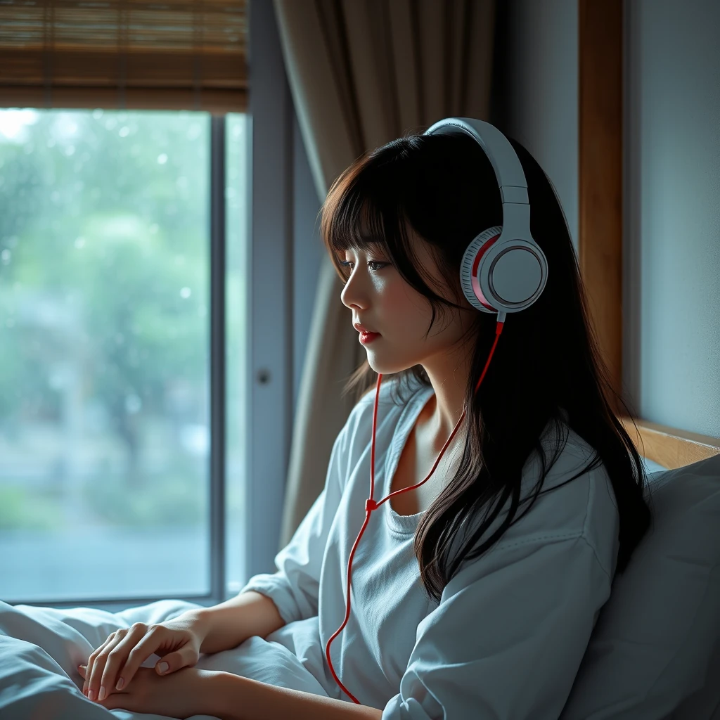 Photography, 1 Asian girl, on bed, listening to the music, wearing the headphones, window, raining outside, soft light.