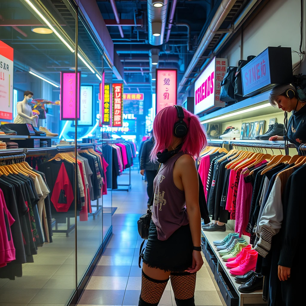 "Overlooking a women’s clothing store, sweet cyberpunk style." - Image