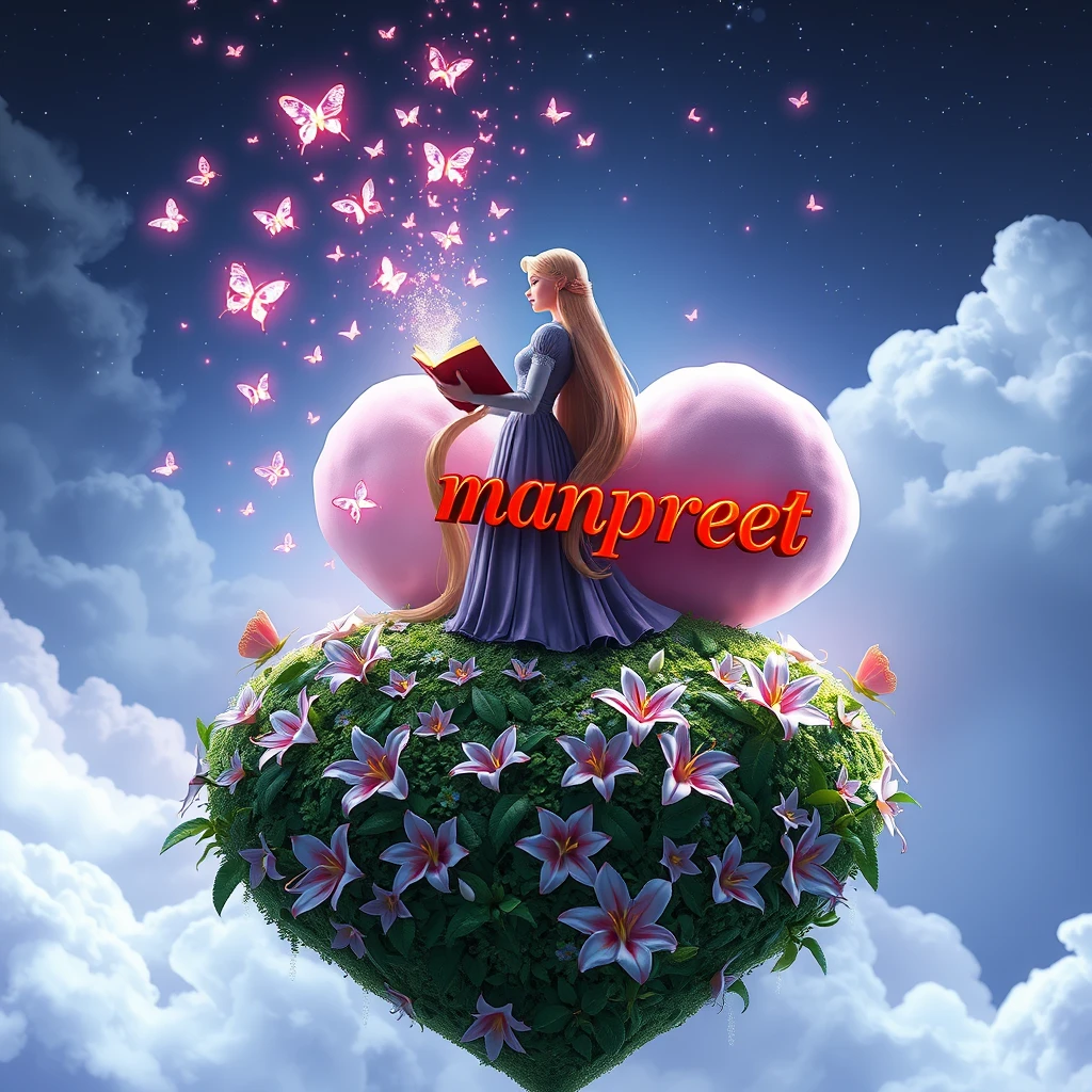 In this captivating 3D illustration, Rapunzel stands gracefully atop a heart-shaped hill covered in lush greenery and adorned with exquisite lilies. She holds a mystical book that emits iridescent butterflies, which leave a shimmering trail of stardust as they soar towards the enchanting night sky. The character's name "manpreet" is elegantly inscribed in metallic red font on a fluffy pink cloud, adorned with a myriad of shimmering butterflies. The serene background contrasts with the vibrant colors in the foreground, creating a dreamlike atmosphere. The masterful combination of photography, painting, and 3D render techniques produces a truly captivating visual experience, with a touch of neon to enhance the magical ambiance. - Image