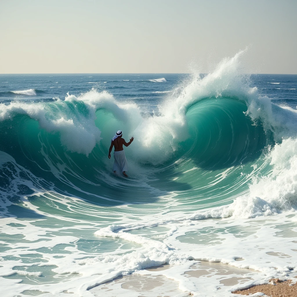 An ancient Arabian man split the sea into two parts so that the waves were very high to the left and right.