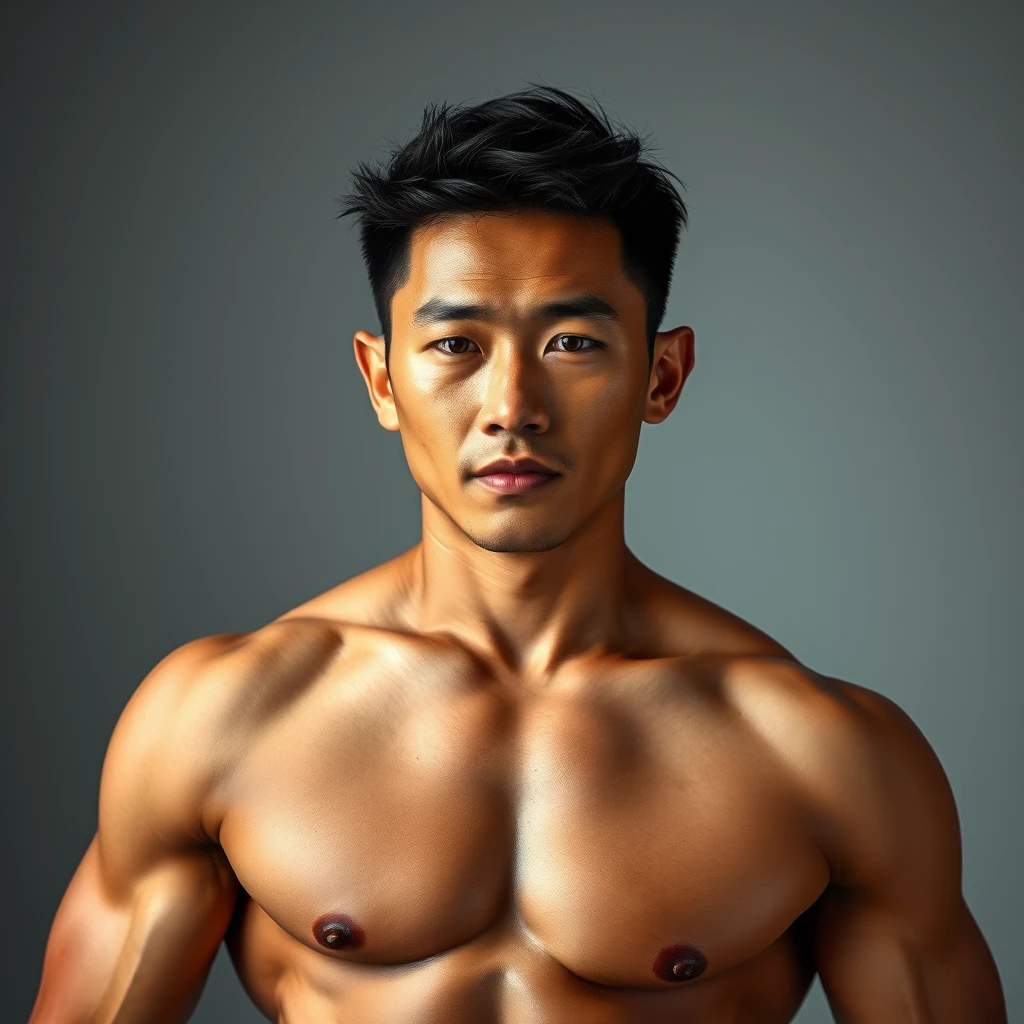 A half-body portrait of a muscular, beefy Asian male, HD, 32K UHD, real, chest.