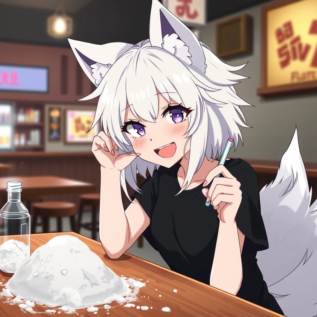 Anime woman with fluffy wolf ears and a fluffy tail, white messy medium hair, purple eyes, wearing a black t-shirt, sitting at a table in a bar. On the table is flour, and the girl looks at the flour with a big crazy smile, holding a straw in her right hand.