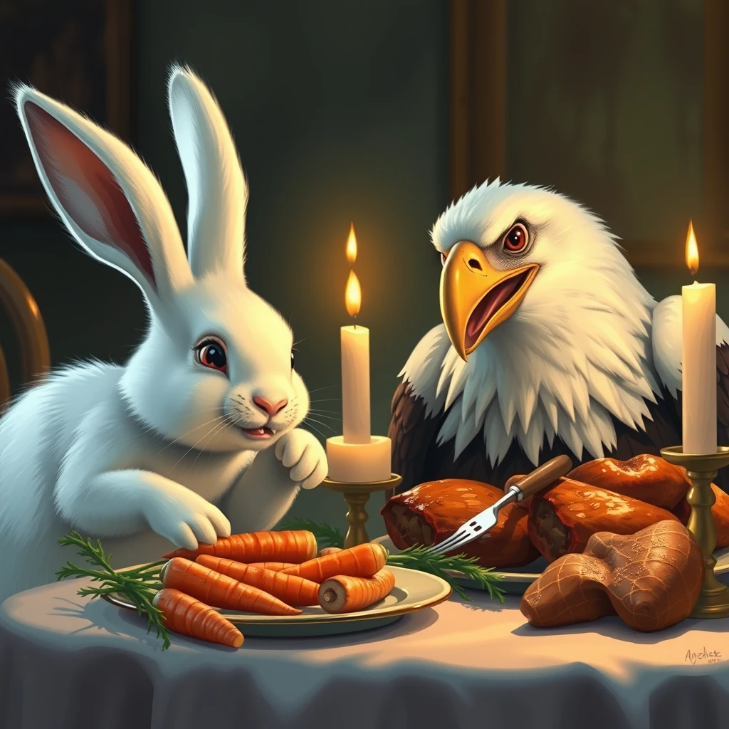 White rabbit and eagle smiling at candlelit table eating carrots and meat, photograph. - Image