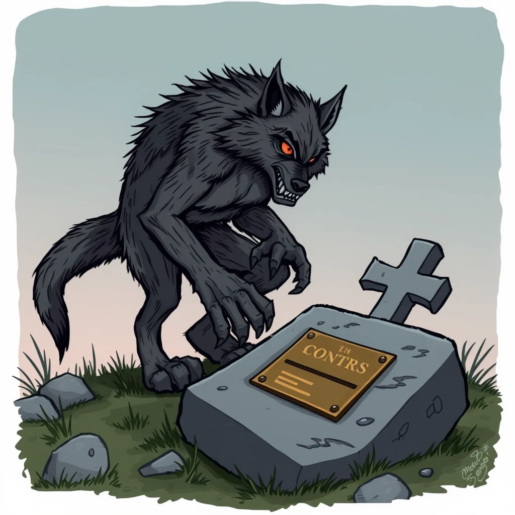 A nice werewolf is standing hunched over a grave with a cross and a brass plaque. - Image