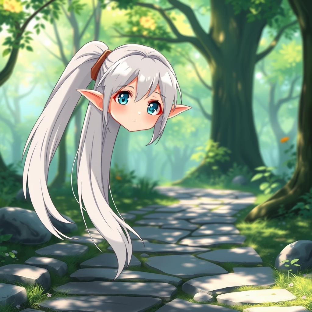 A beautiful anime-style depiction of an elf girl with long, white twin tails, large eyes, and pointed ears, standing on a stone path in a tranquil forest. Her facial features are delicate and youthful, with a serene expression. The lush green forest background with dappled sunlight and vibrant colors enhances the peacefulness. Soft lighting and detailed foliage add to the serene atmosphere. Clean lines, expressive visuals, hd quality, natural look --ar 4:3 --style raw --stylize 300