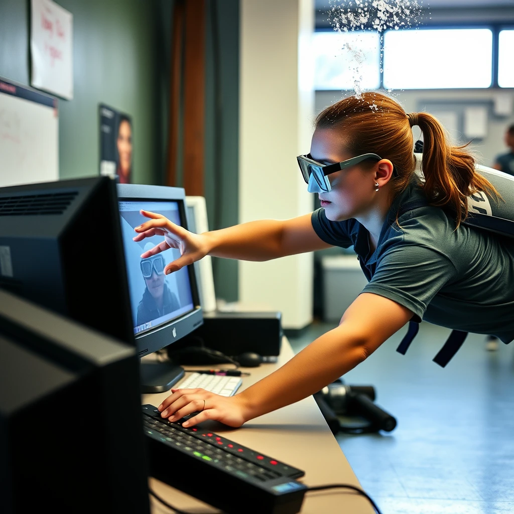 Gym teacher diving off of computer monitor