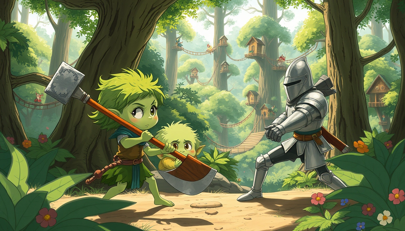 A whimsical forest scene in the style of Studio Ghibli. A petite goblin girl with emerald skin, large expressive eyes, and wild moss-green hair wields a rustic wooden axe. She faces off against a human female knight in shining silver armor. The goblin girl is gaining the upper hand, her movements nimble and determined. Sunlight filters through lush foliage, casting dappled shadows. Colorful forest spirits peek out from behind ancient trees, watching the confrontation with curiosity. The background features a distant treehouse village connected by rope bridges. Soft, earthy color palette with vibrant pops of magic. Flowing linework and ethereal atmosphere typical of Miyazaki's films. - Image