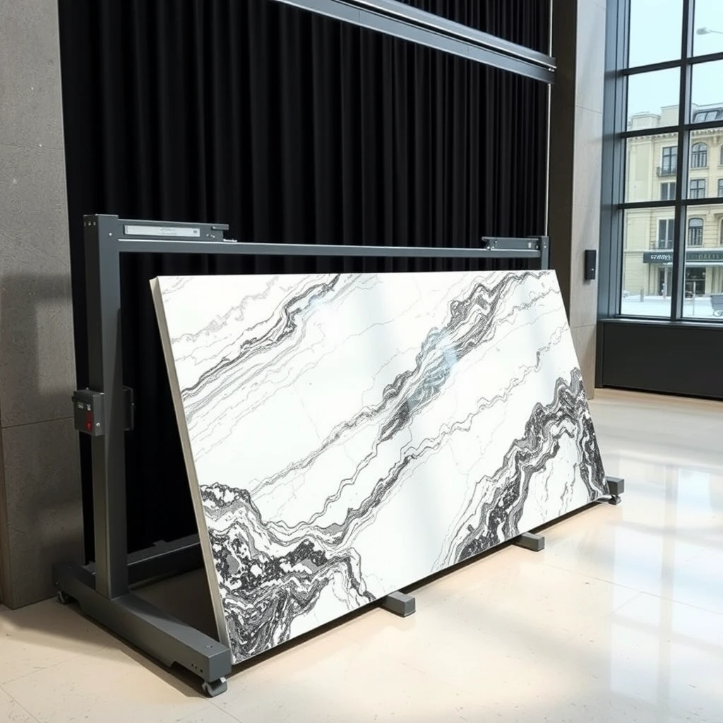 Smart, stylish automated carrier-cum-display system that holds 2 large 4-meter-sized polished marble panels such that one horizontal panel and one vertical marble panel together form a large L-shaped configuration, in the pattern matching orientation, in a professional yet cheerful setting.