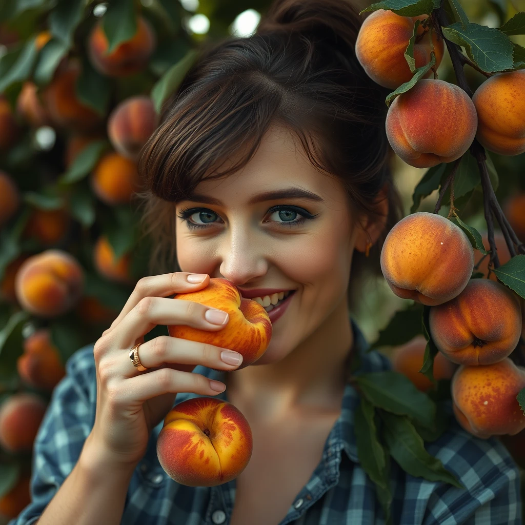 squart,showcase,1 woman,eating peach,a lot of peaches around,smile