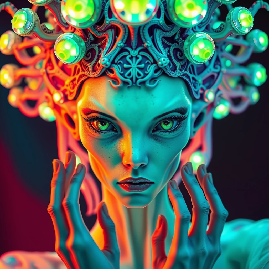 (vibrant neon colors) Ethereal alien-human hybrid, bioluminescent skin. Ornate organic crown with iridescent translucent nodules. Piercing green eyes, elongated features. Intricate bone-like structures, glowing backlit features. Delicate hands framing face. Pale mint complexion, freckles. Flowing seafoam garment. Hyper-detailed textures, otherworldly beauty. Surreal and dreamlike atmosphere, cinematic lighting. - Image