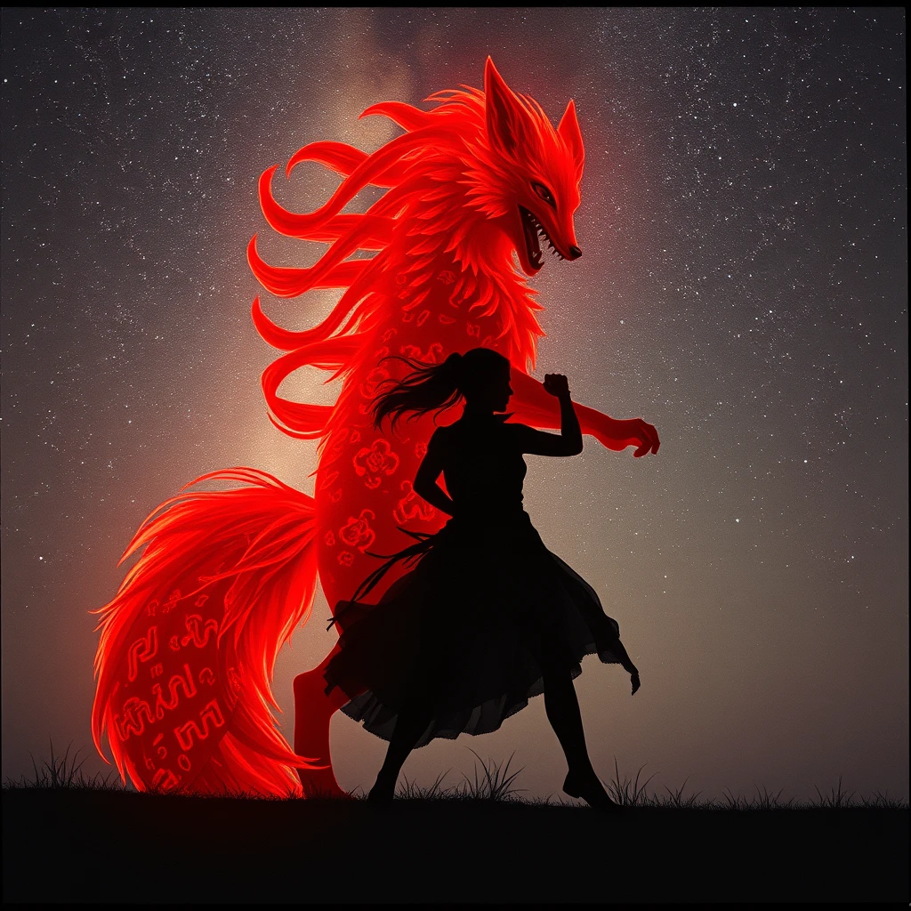 Bosstyle, silhouette of a woman fighting a giant dark mononoke monster boss resembling an ethereal fox with seven tails: Capture the essence of nostalgia and color in this vintage photograph. Dominating the scene is a meticulously detailed, translucent dark-red blood-filled firefox, adorned with vibrant patterns, blending seamlessly with its surroundings. Its long tail, composed of intricately woven ribbons in a spectrum of colors, trails behind, adding to the spectacle of the moment. Amidst the quietude of the night, its presence exudes a sense of ancestral strength and resilience. Behind it, the low-toned hues of the Milky Way cast a mesmerizing backdrop, a cosmic tapestry weaving tales of both past and future. In this moment, the convergence of tradition and technology, of ancient wisdom and industrial progress, hangs palpably in the air, atmospheric haze, film grain, cinematic film still, shallow depth of field, highly detailed, high budget, cinemascope, moody, epic, overall detail, 2000s vintage RAW photo, photorealistic, candid camera, color graded cinematic, eye catchlights, atmospheric lighting, imperfections, natural, shallow dof.