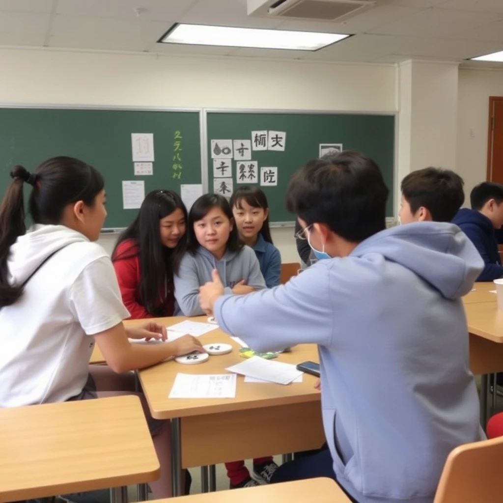 In the classroom, during the break, some students are chasing and playing around, with Chinese characters or Japanese. - Image