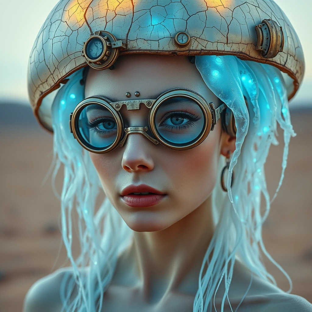 Ethereal cyborg woman, bioluminescent jellyfish headdress. Steampunk goggles blend with translucent tentacles. Cracked porcelain skin meets iridescent scales. Mechanical implants and delicate tendrils intertwine. Human features with otherworldly glow. Dreamy aquatic hues contrast weathered metal. Reflective eyes capture unseen worlds. Soft bioluminescence meets harsh desert backdrop. Fusion of organic and synthetic, ancient and futuristic. Hyper-detailed textures, surreal atmosphere. - Image