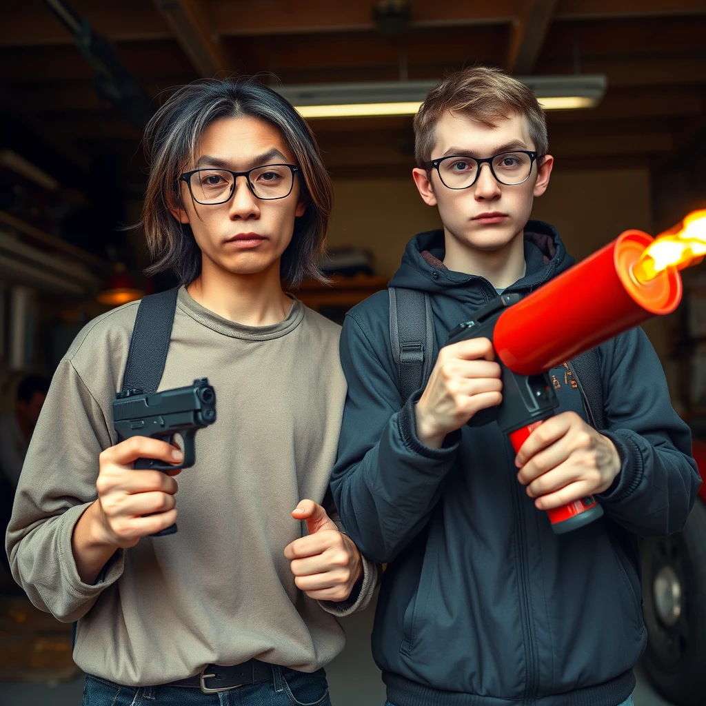 21-year-old white, thin, long-faced northern Chinese man with a square chin, wearing square glasses, holding a pistol, "medium/long length hair"; 21-year-old white Caucasian man wearing round glasses and short hair holding a very large fire extinguisher flamethrower; garage setting; both angry.