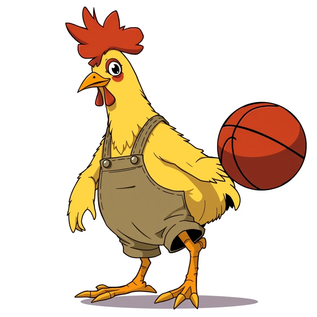 A chicken wearing overalls and styled with a middle part is playing basketball, in an anime style.