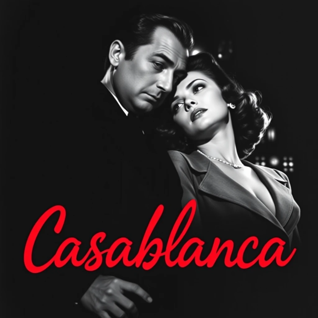 A photorealistic black and white movie poster for the film Casablanca starring Humphrey Bogart and Ingrid Bergman, with the film title in a red handwritten font. - Image