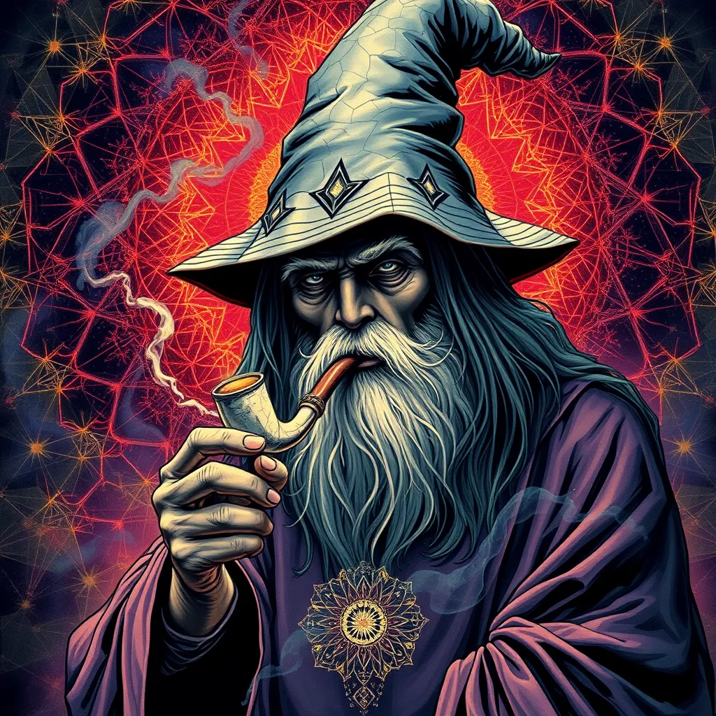 Dark wizard smoking DMT from a pipe and breaking through to another dimension full of geometric fractal patterns. - Image